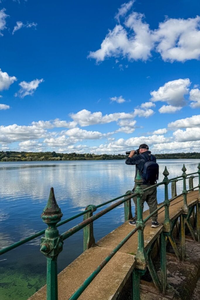 This image depicts a person standing on a narrow walkway or dam beside a large, calm body of water, looking through binoculars toward the distant shoreline. The person wears dark clothing and a backpack, standing near an ornate green metal railing that runs along the edge of the path. The water stretches wide and reflective, mirroring the sky above. The sky is bright blue with scattered white clouds, giving the scene an open, expansive feeling. Across the water, a tree-lined shore is visible, with gentle hills rising behind it. The concrete walkway beneath the person’s feet appears weathered, with patches of discoloration suggesting age and exposure to the elements. The composition emphasizes stillness and observation, with the figure positioned slightly off-center, focused outward rather than toward the camera. The image conveys a quiet moment of looking, waiting, or watching nature, highlighting scale, distance, and the peaceful atmosphere of the lakeside setting.