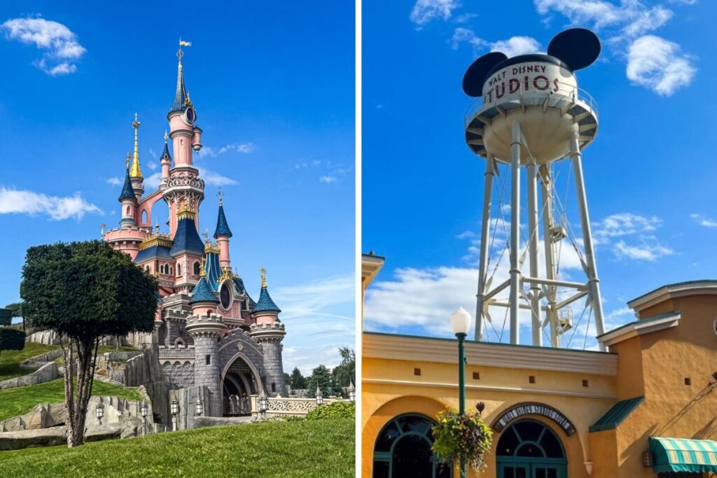 The image is a split-screen comparison featuring the two main parks at Disneyland Paris separated by a diagonal black line. On the left side is Sleeping Beauty Castle inside Disneyland Park, photographed from below with its pink walls, blue rooftops, and gold decorative details standing above grey rock formations and bright green landscaped hills. The sky on this side appears pale and slightly overcast. On the right side is the Walt Disney Studios water tower beneath a vivid blue sky with scattered clouds. The white tower features black Mickey Mouse ears and the words “Walt Disney Studios” across the front, rising above yellow art deco style buildings below. The contrasting images visually compare the fantasy-inspired architecture of Disneyland Park with the Hollywood studio theme of Walt Disney Studios Park, highlighting the distinct atmosphere and design style of each park.